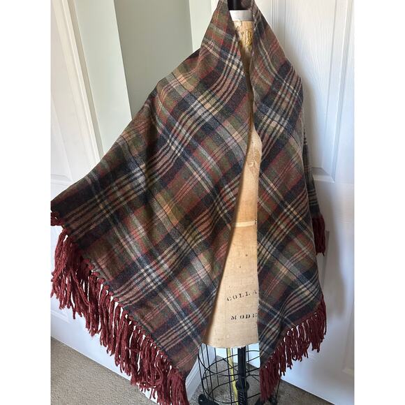 Vintage Plaid Wool Shaw Fringe Triangle brown rust gray olive green 82”x82” - Picture 3 of 16